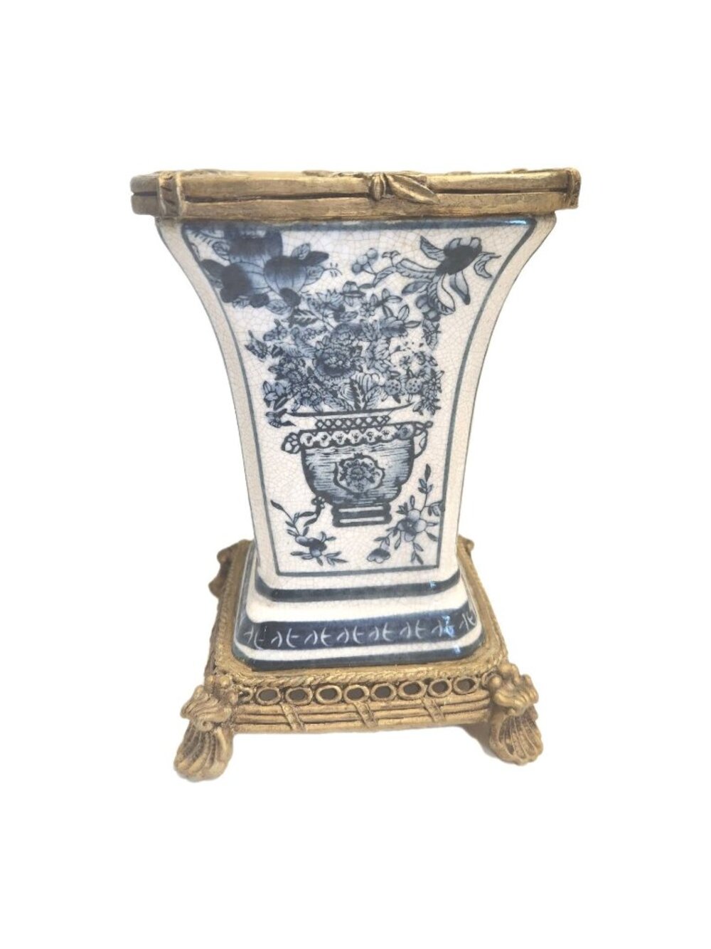 Antique Victorian Continental Asian  Ceramic Vase Blue And White Flowers
